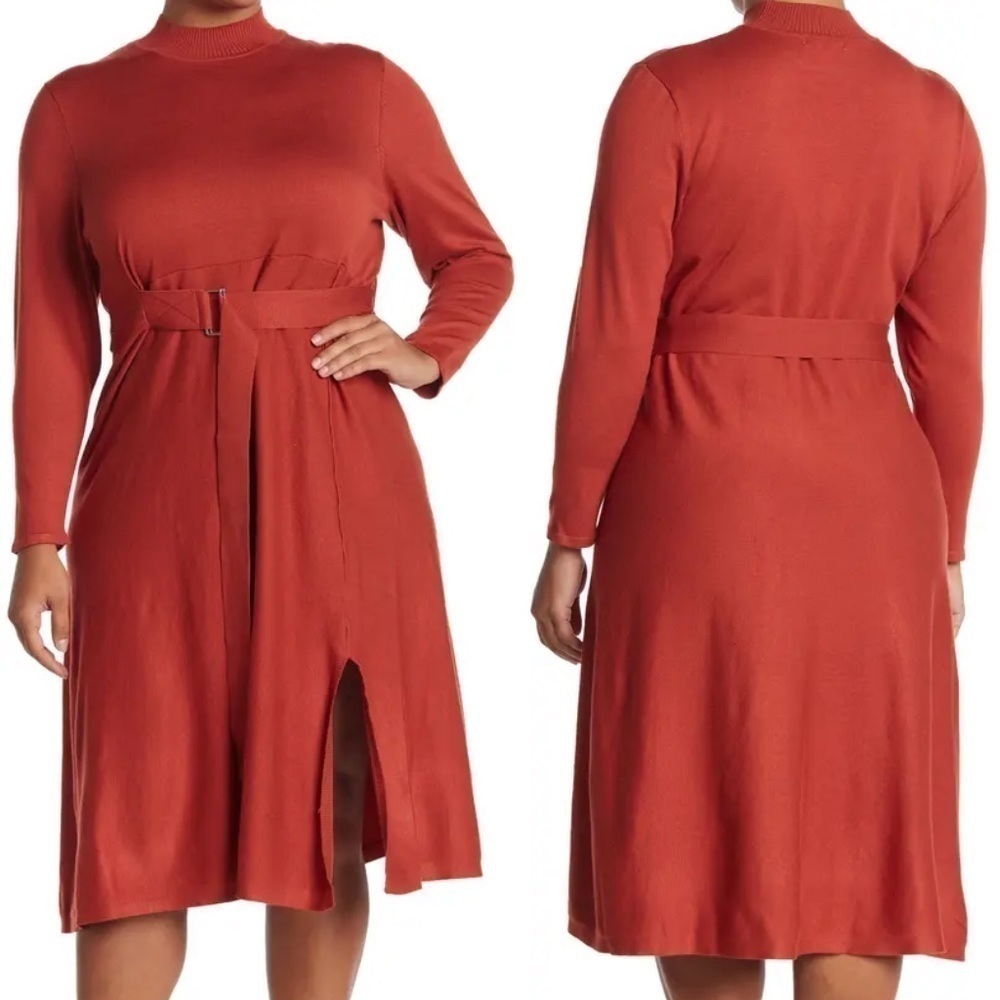 Blue Orchid Belted Mock Neck Midi Dress Rust Orange Plus Size 2XL New with tags!